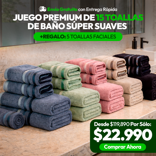 Juego Premium de 15 Toallas de Baño Súper Suaves +REGALO: 5 Toallas Faciales