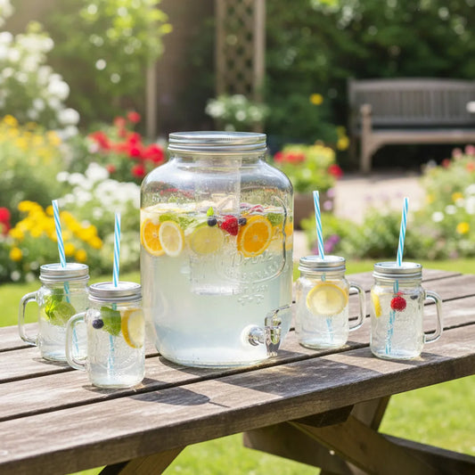 Set Dispensador Agua Mica 8 Litros con 4 Vasos Mason Jars