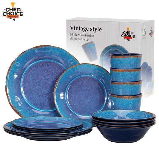 Set 16 Pcs Juego de Vajilla Completo Melamina Color Azul Chef Choice